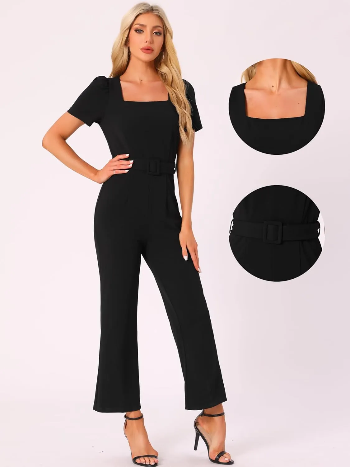 Allegra K Work Jumpsuits for Women's Elegant Square Neck Puff Short Sleeve Loose Wide Leg Romper