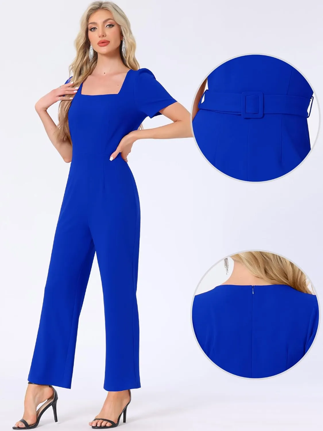 Allegra K Work Jumpsuits for Women's Elegant Square Neck Puff Short Sleeve Loose Wide Leg Romper