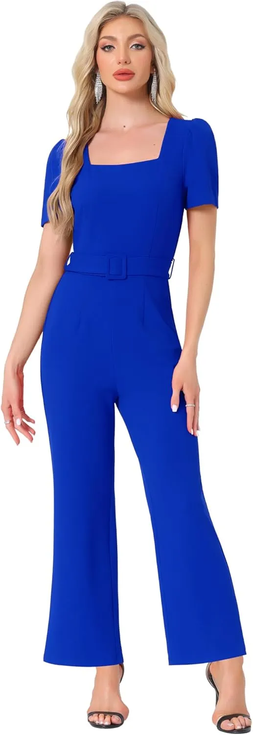Allegra K Work Jumpsuits for Women's Elegant Square Neck Puff Short Sleeve Loose Wide Leg Romper