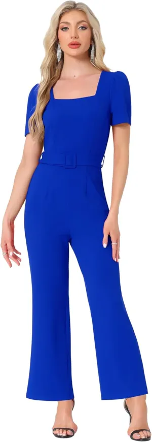 Allegra K Work Jumpsuits for Women's Elegant Square Neck Puff Short Sleeve Loose Wide Leg Romper