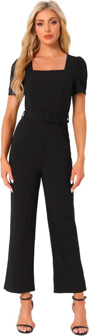 Allegra K Work Jumpsuits for Women's Elegant Square Neck Puff Short Sleeve Loose Wide Leg Romper