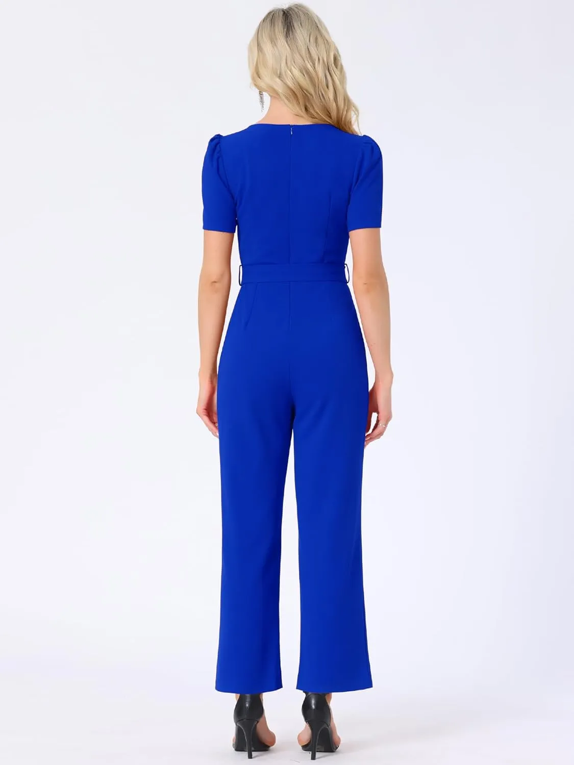 Allegra K Work Jumpsuits for Women's Elegant Square Neck Puff Short Sleeve Loose Wide Leg Romper