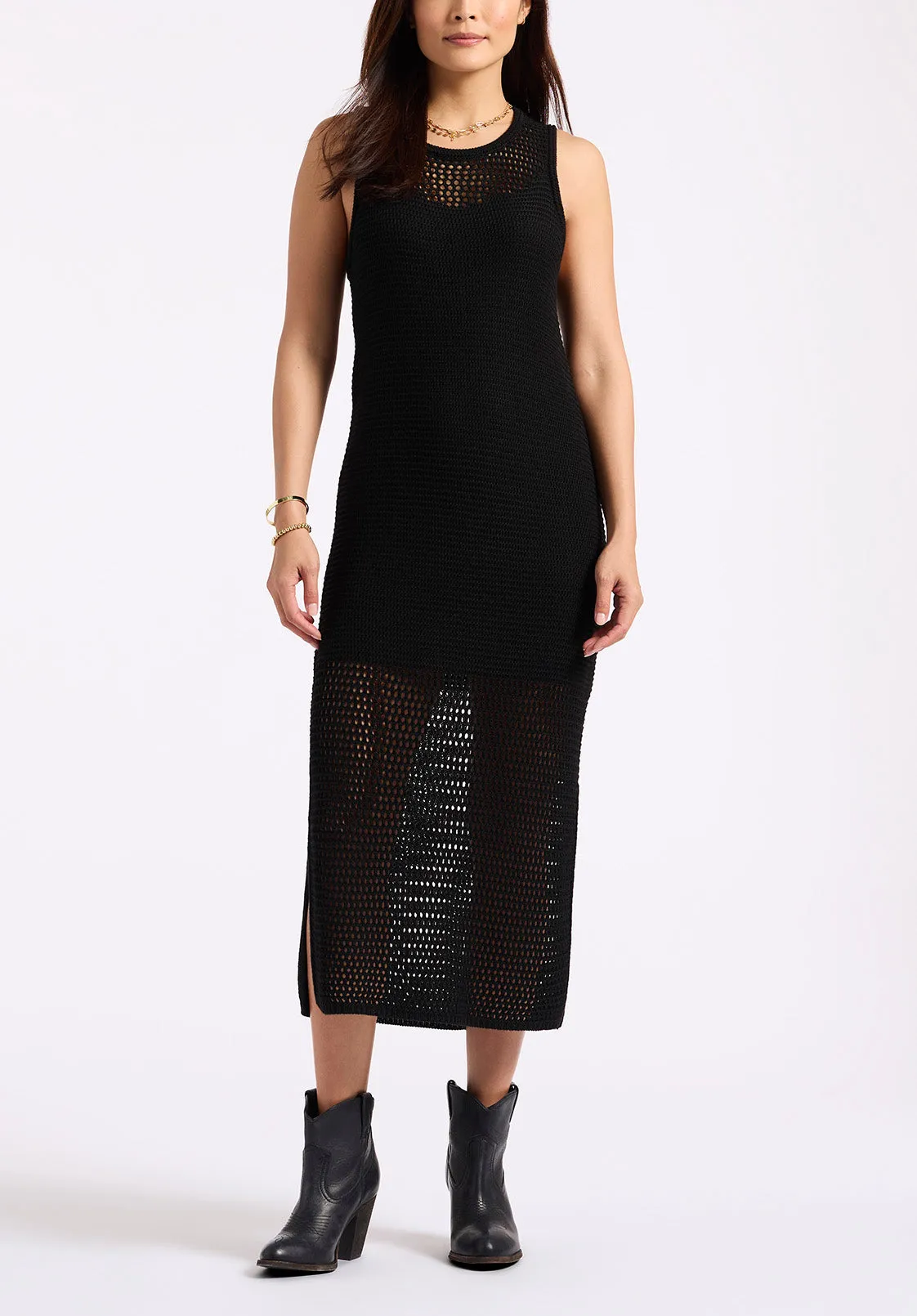 Bronwen Women's Sleeveless Open-Knit Midi Dress, Black - SD0009P