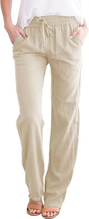 Cotton Cotton Linen Pants for Women Summer Casual Long Pants High Waisted Drawstring Trousers with Pockets