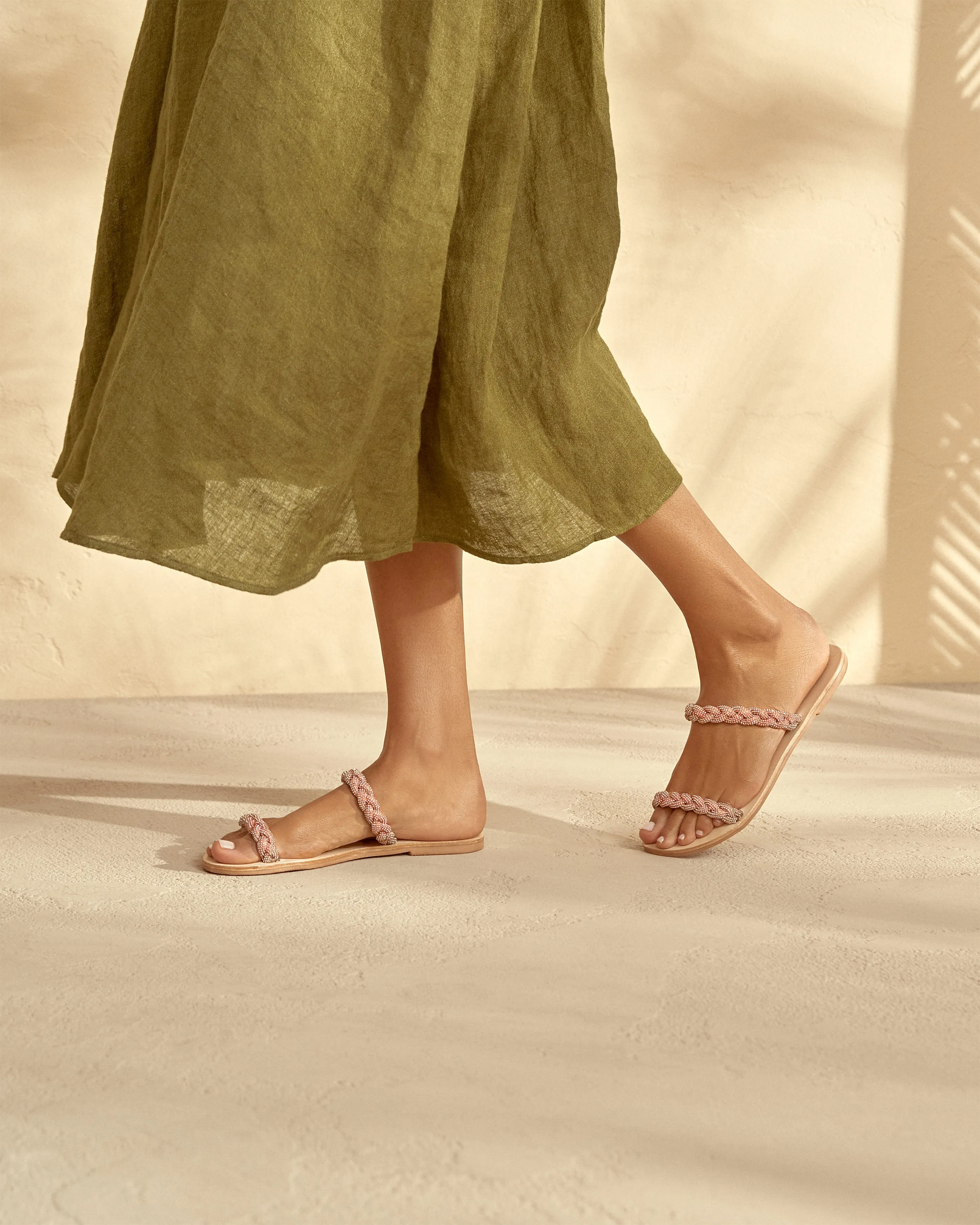 Crystal Embellished Two Bands|Leather Sandals - V52Y0 - Hollywood Platinum