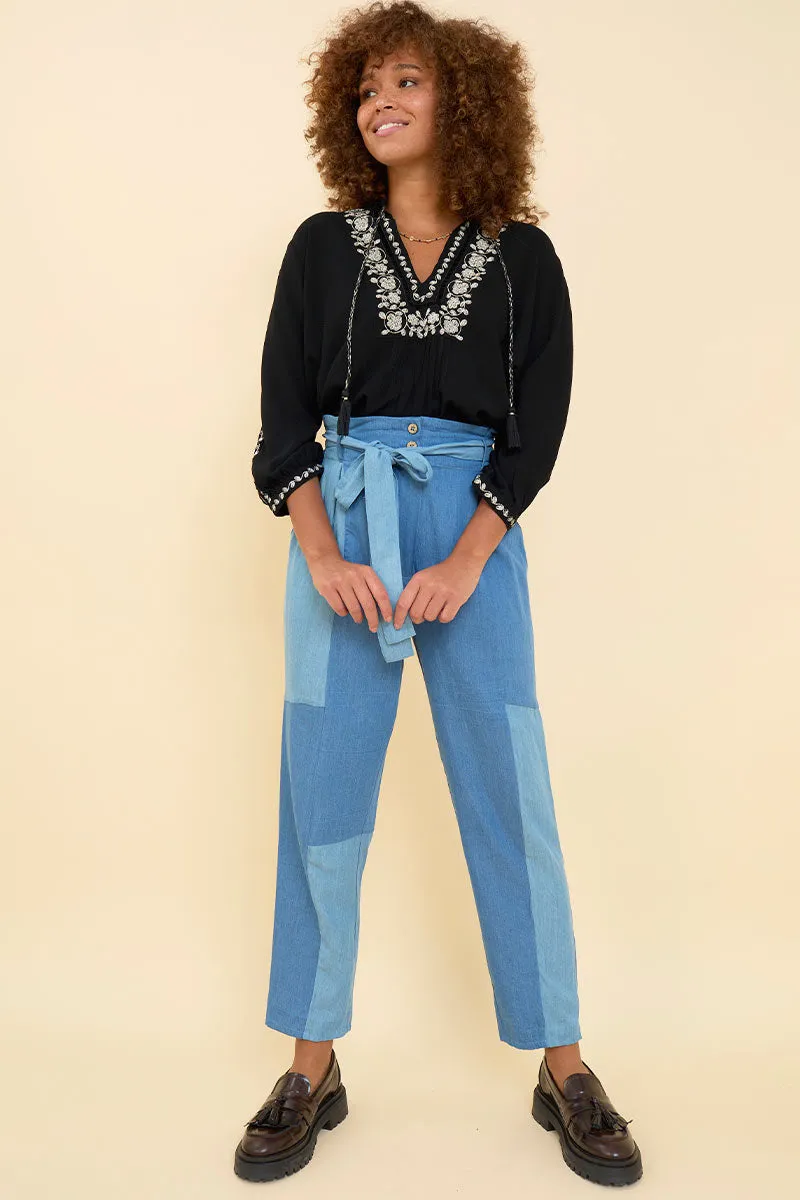 Dion Patched Denim Blue Belted Trouser