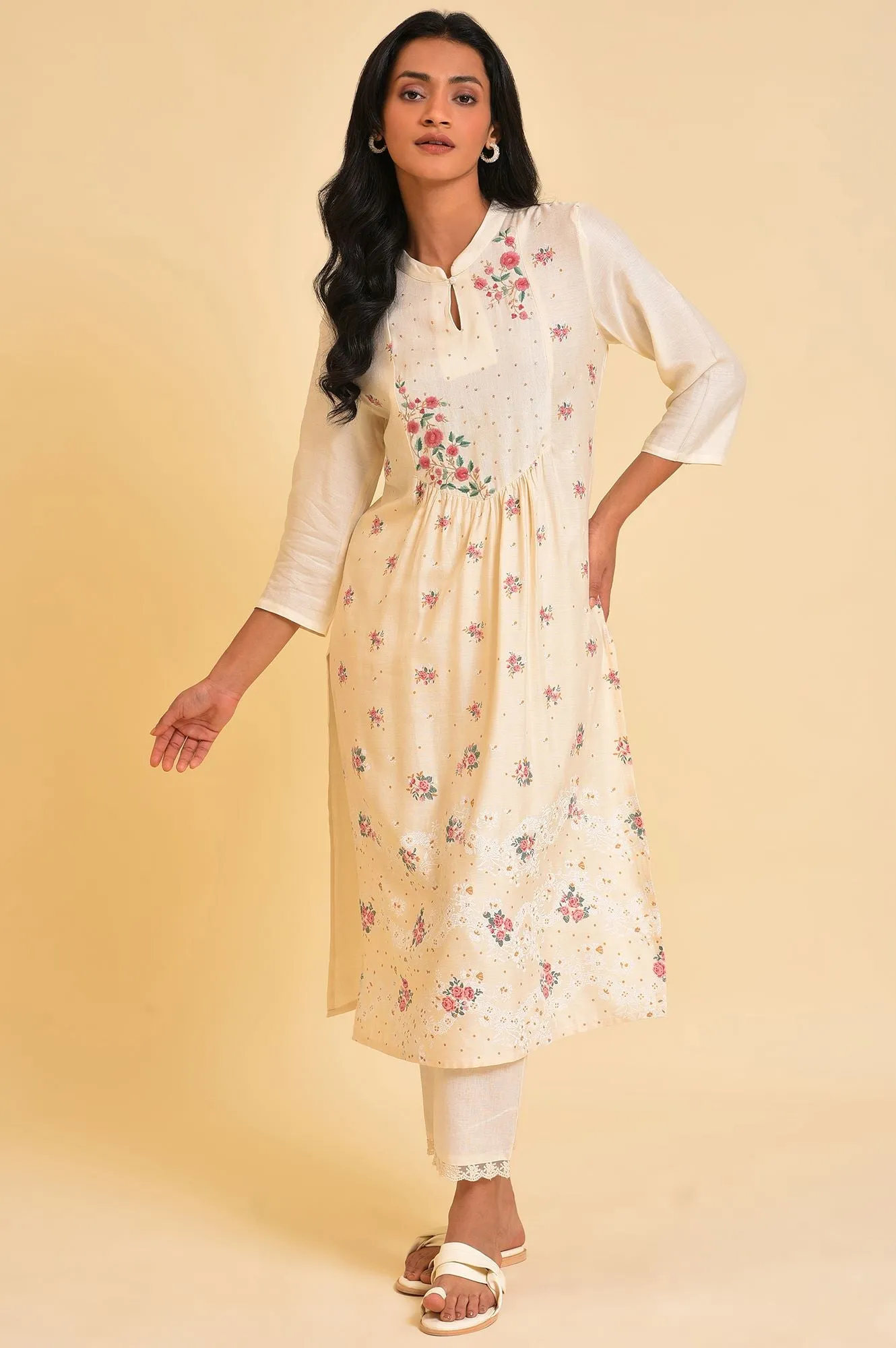 Ecru Embroidered kurta & Pants Set