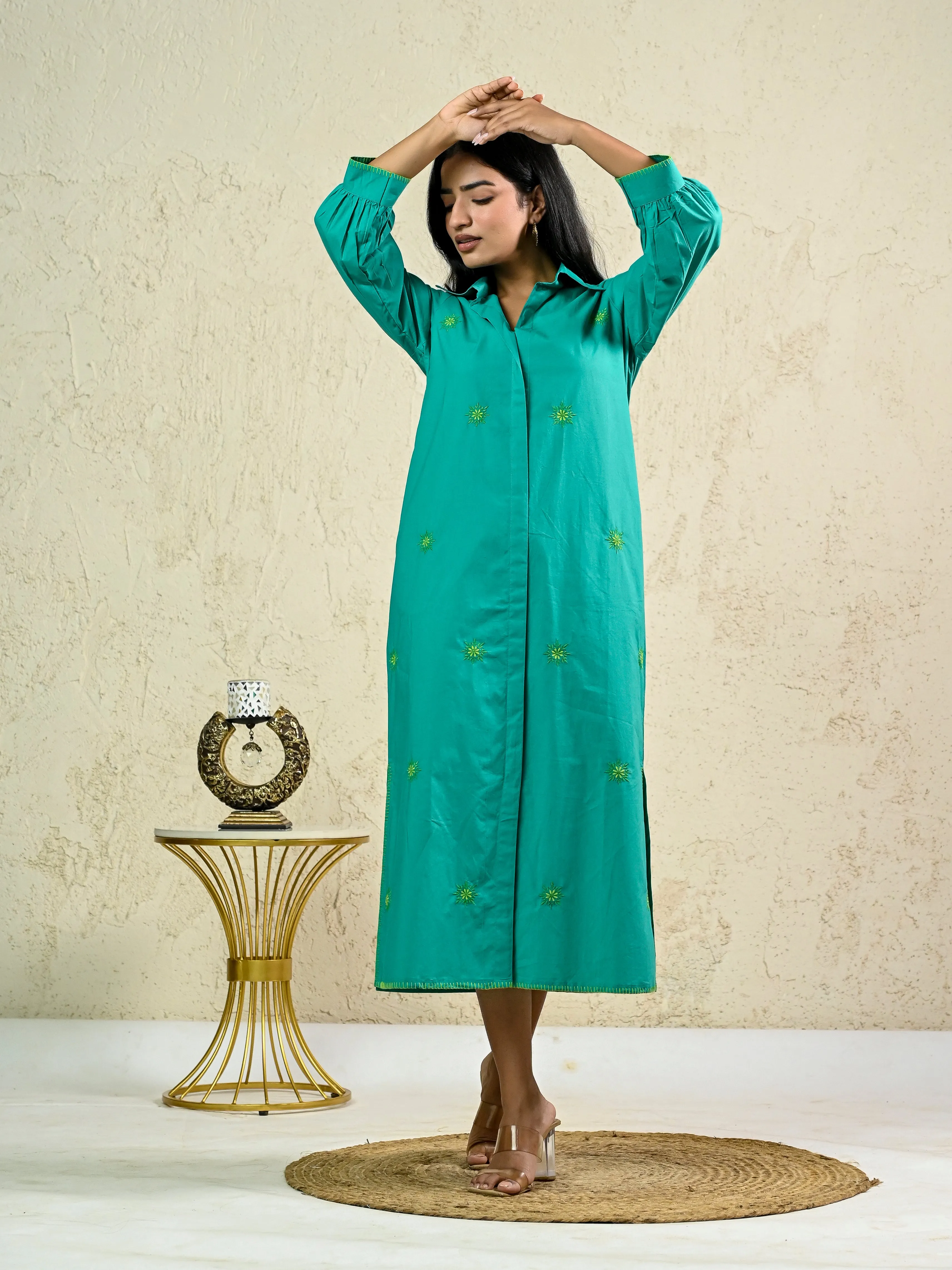GREEN LONG EMBROIDERY SHIRT DRESS
