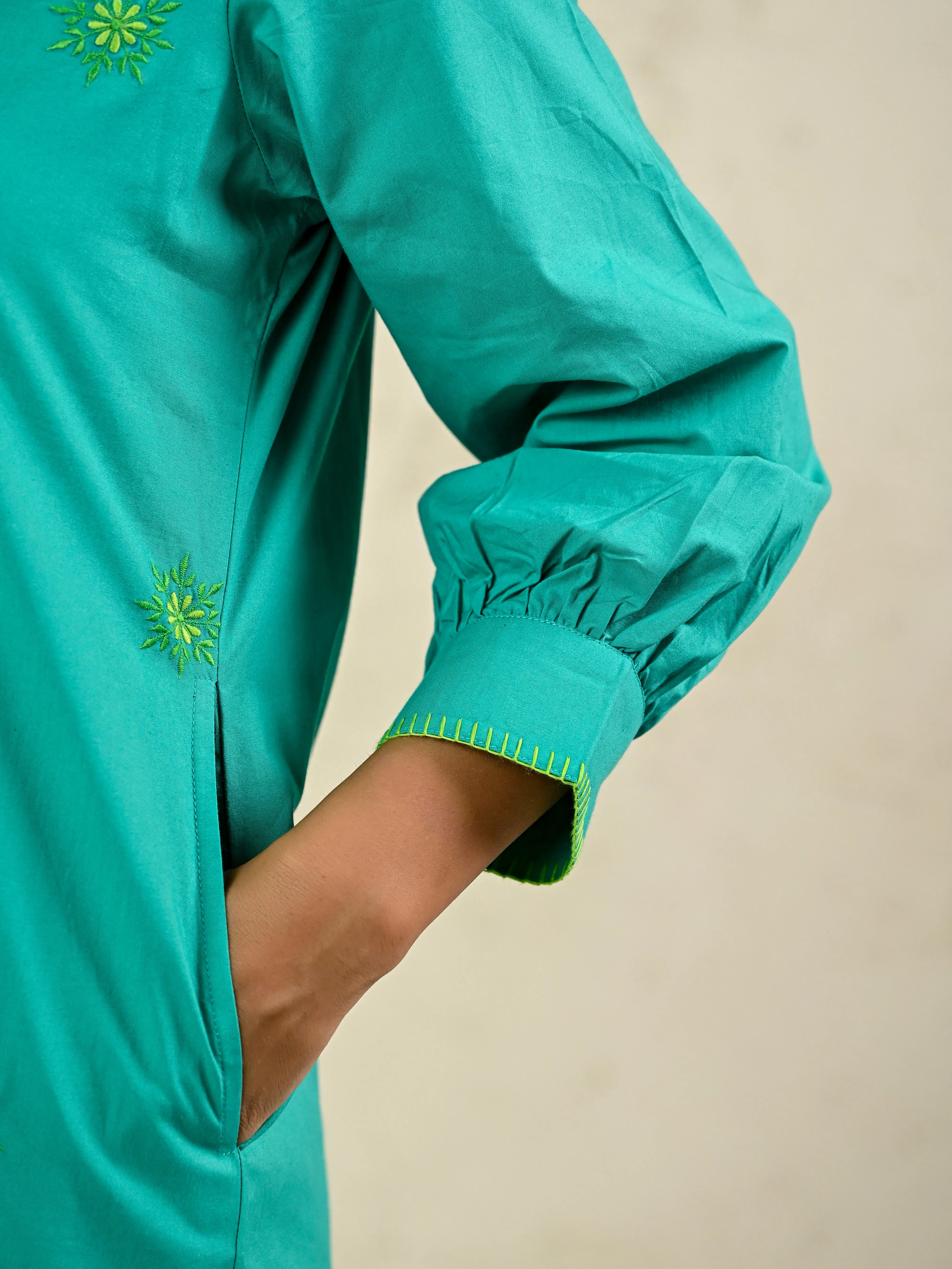 GREEN LONG EMBROIDERY SHIRT DRESS