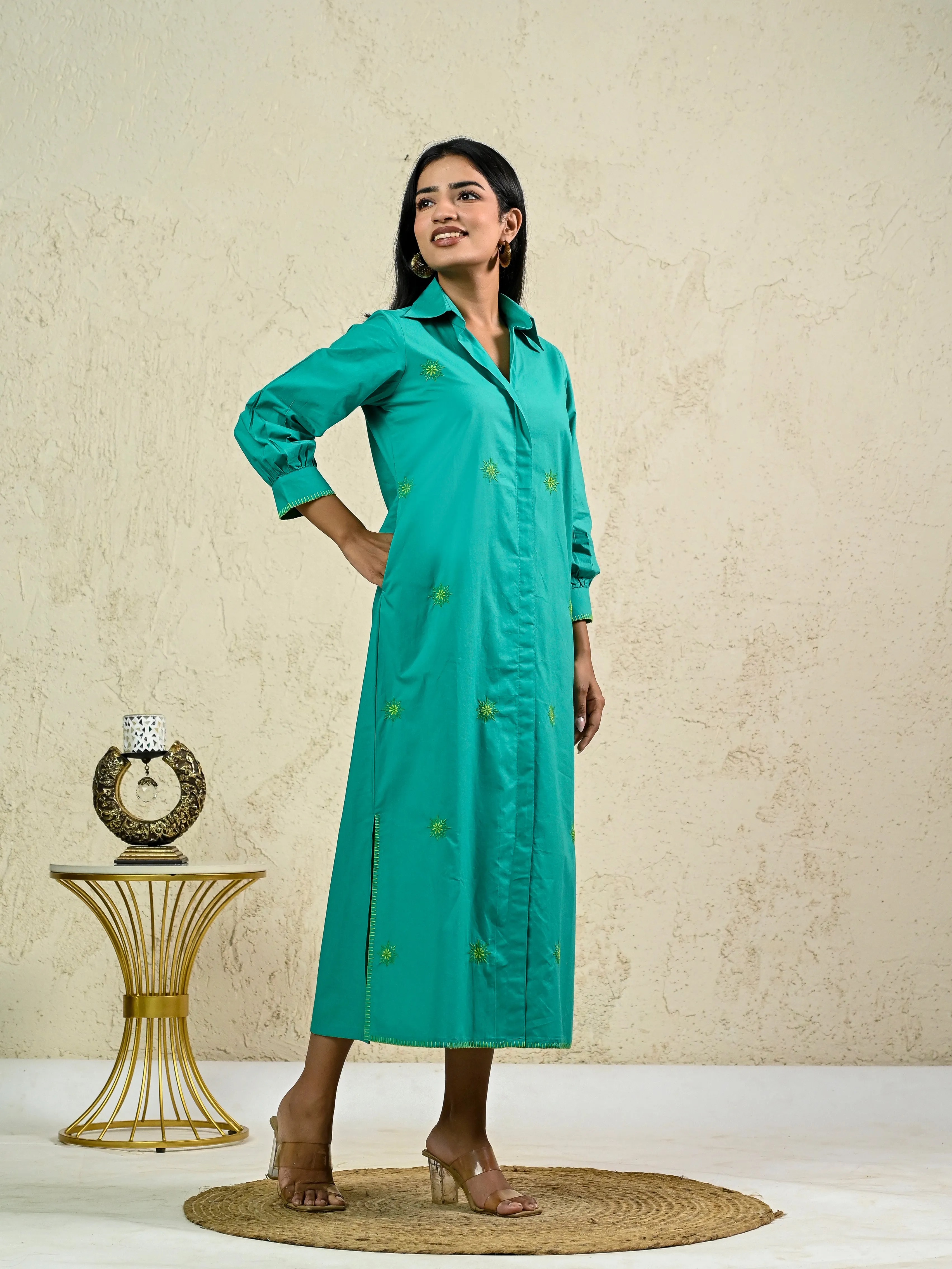 GREEN LONG EMBROIDERY SHIRT DRESS