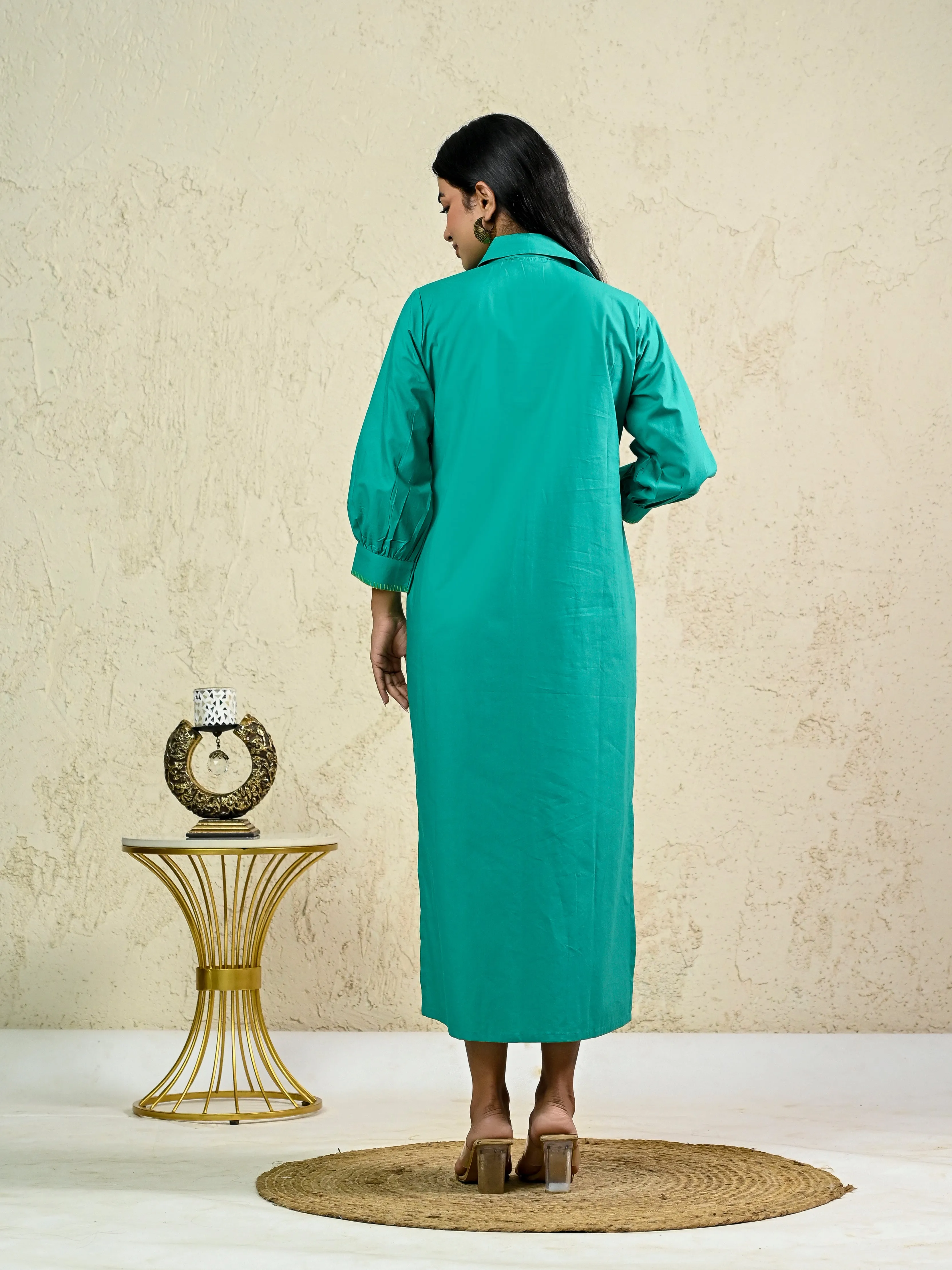 GREEN LONG EMBROIDERY SHIRT DRESS