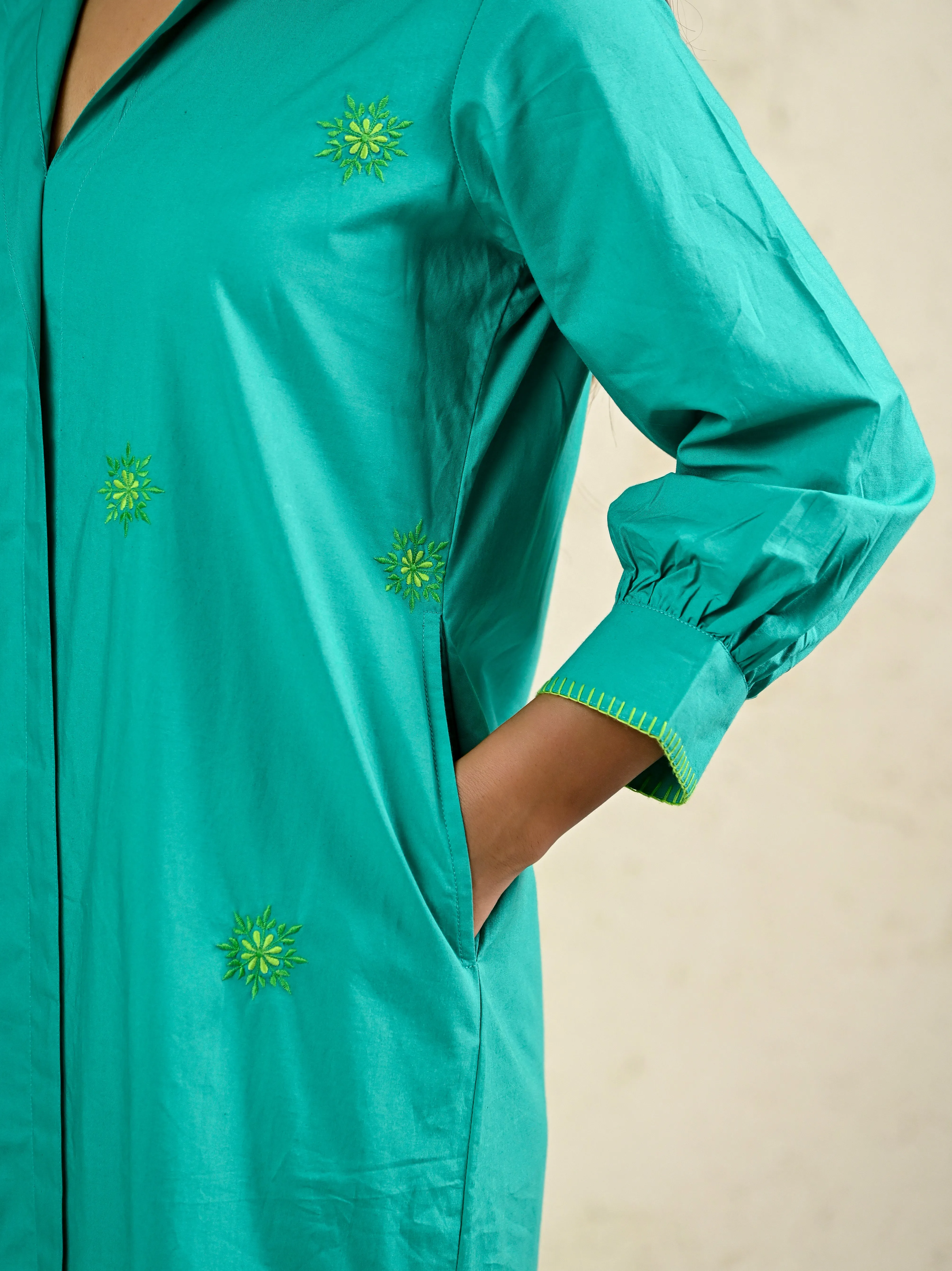 GREEN LONG EMBROIDERY SHIRT DRESS