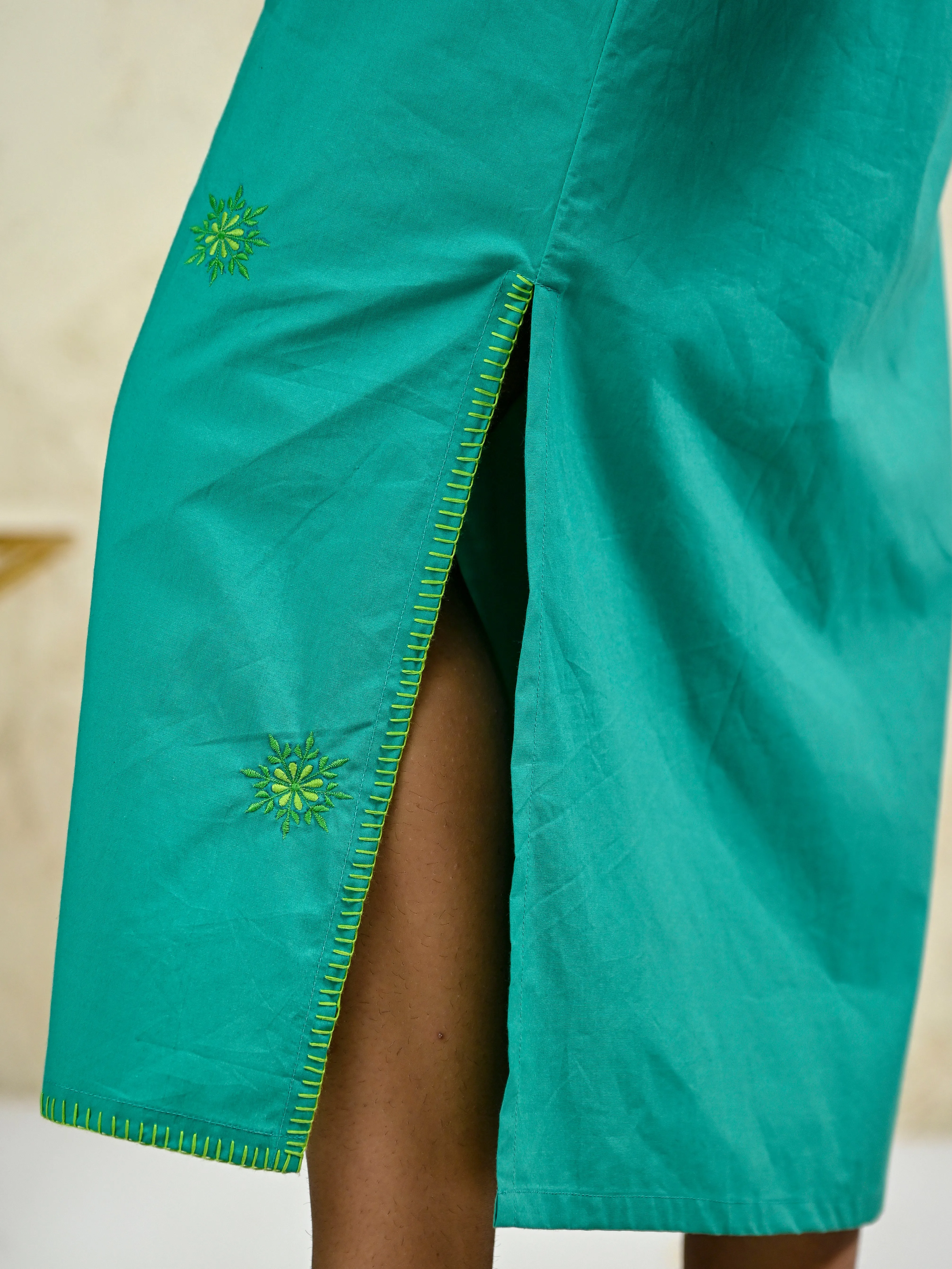 GREEN LONG EMBROIDERY SHIRT DRESS