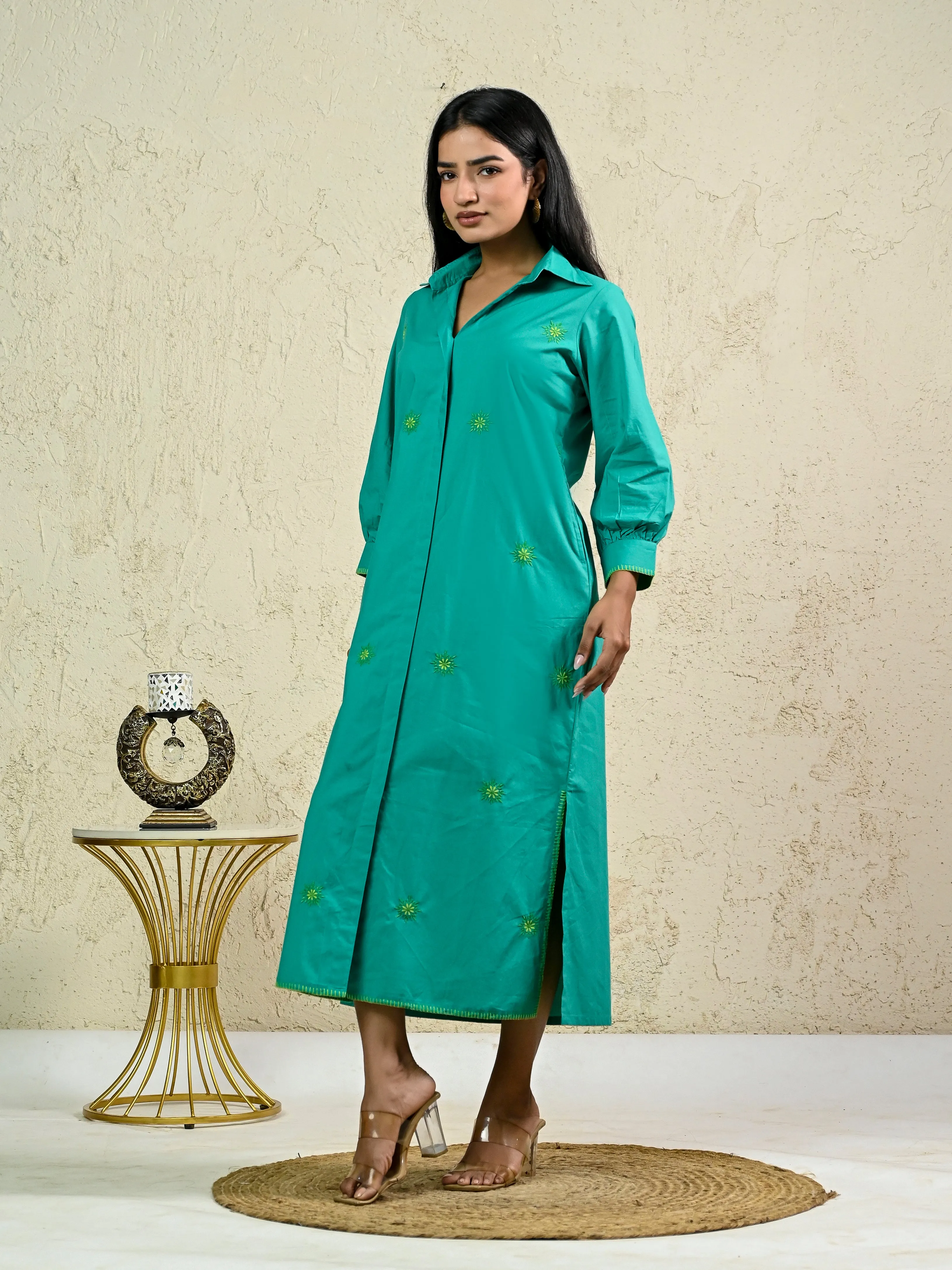 GREEN LONG EMBROIDERY SHIRT DRESS