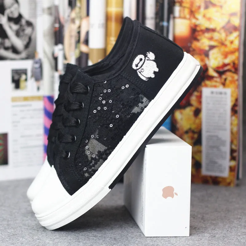 Lace Hollow Out Lace Up Round Toe Low Cut Canvas Flats