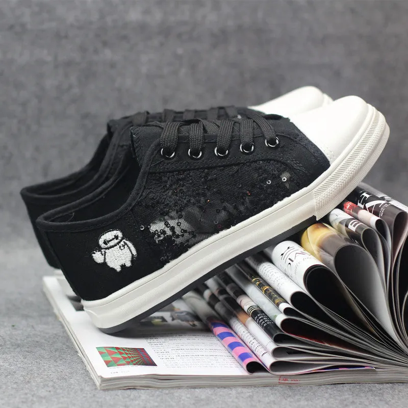 Lace Hollow Out Lace Up Round Toe Low Cut Canvas Flats