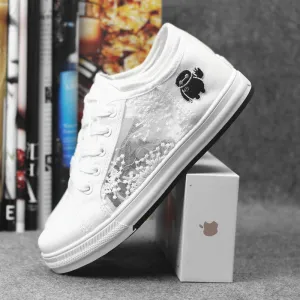 Lace Hollow Out Lace Up Round Toe Low Cut Canvas Flats