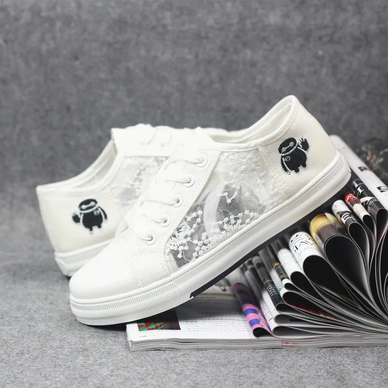 Lace Hollow Out Lace Up Round Toe Low Cut Canvas Flats