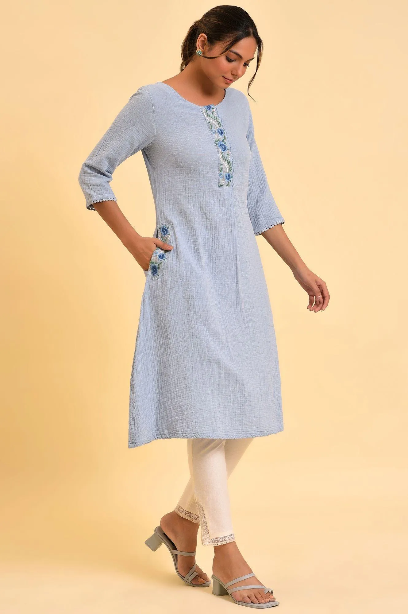 Light Blue Embroidered Cotton Summer kurta