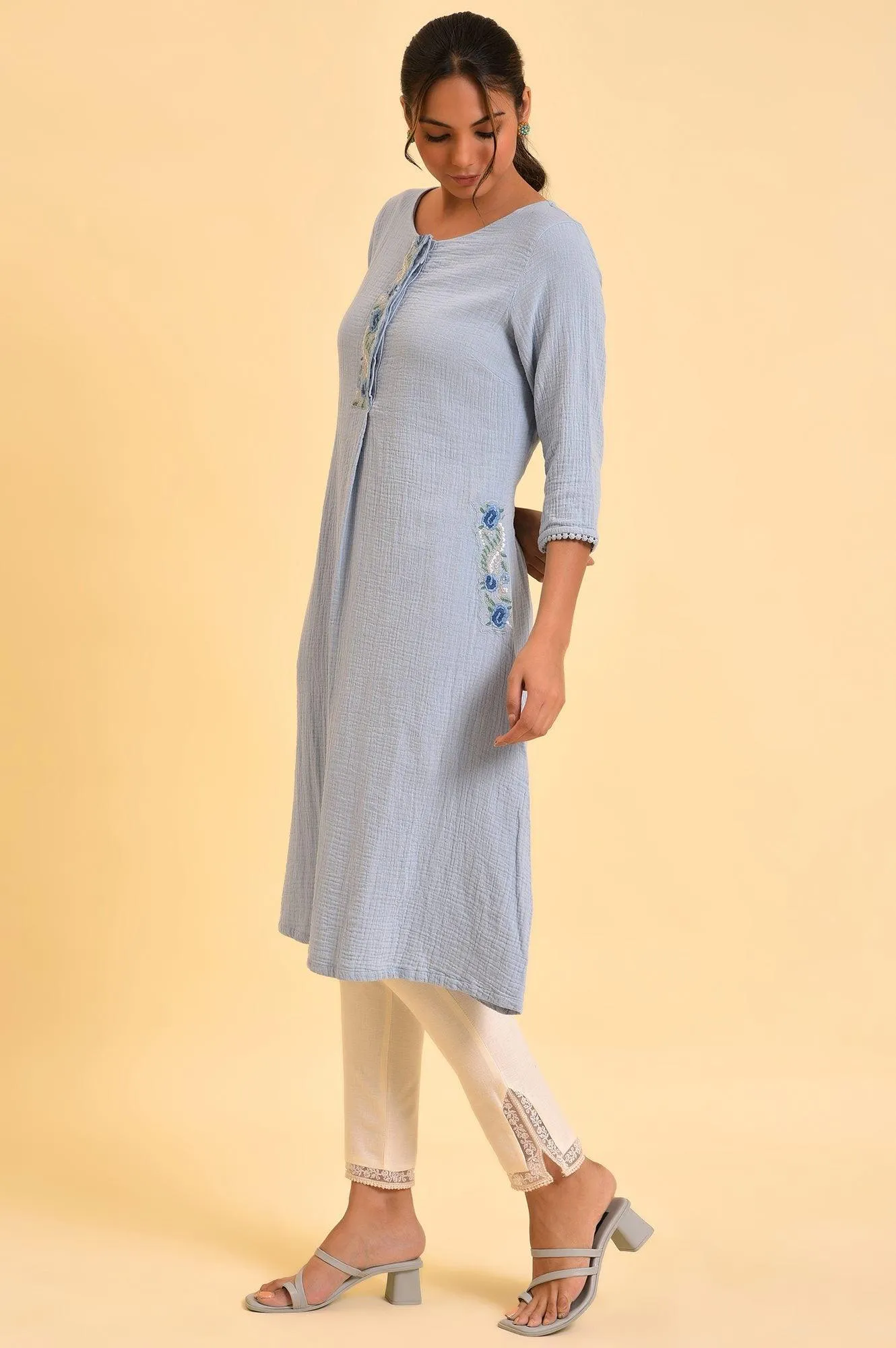 Light Blue Embroidered Cotton Summer kurta