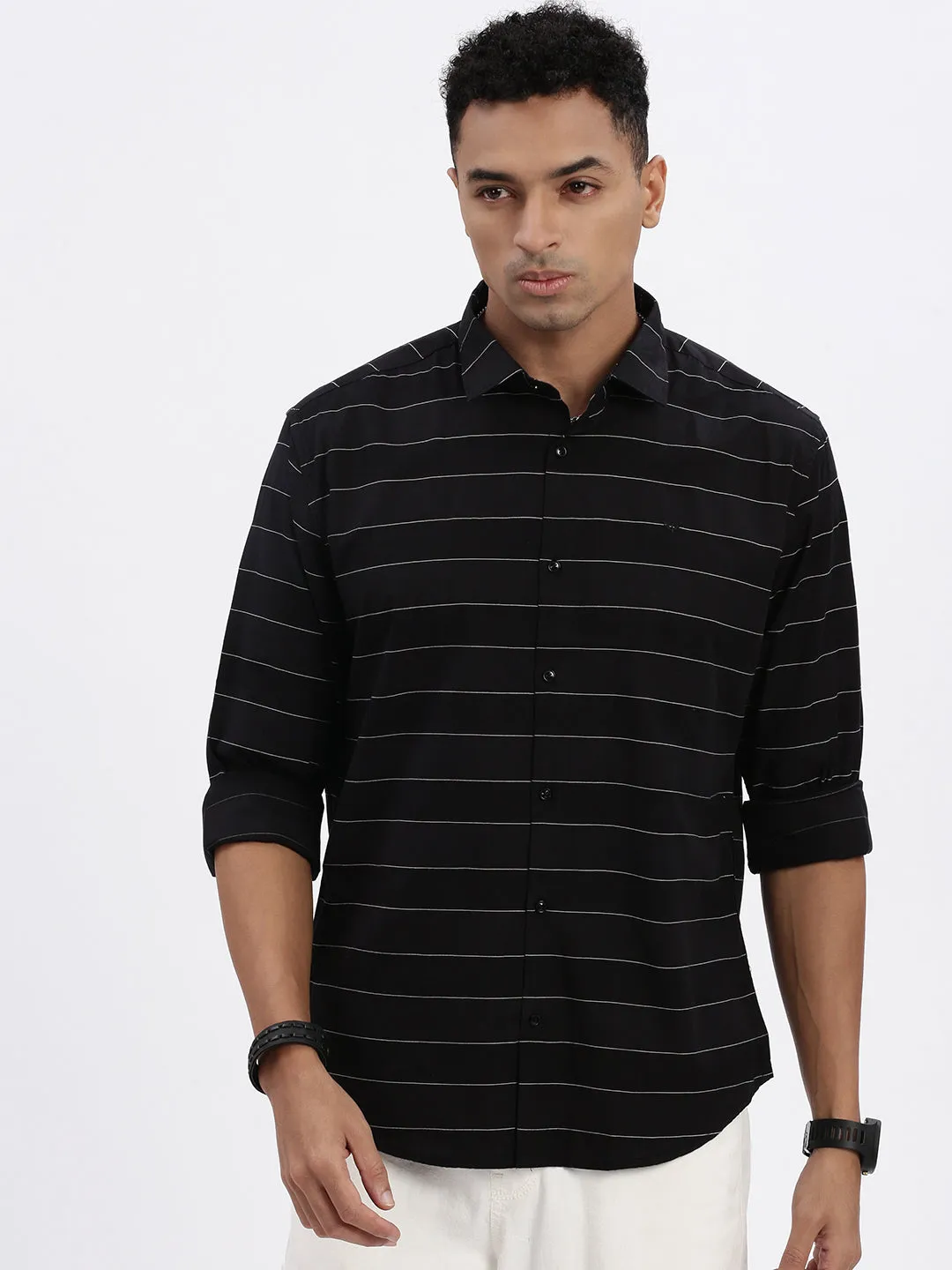 Men Black Striped Cotton Slim Fit Shirt
