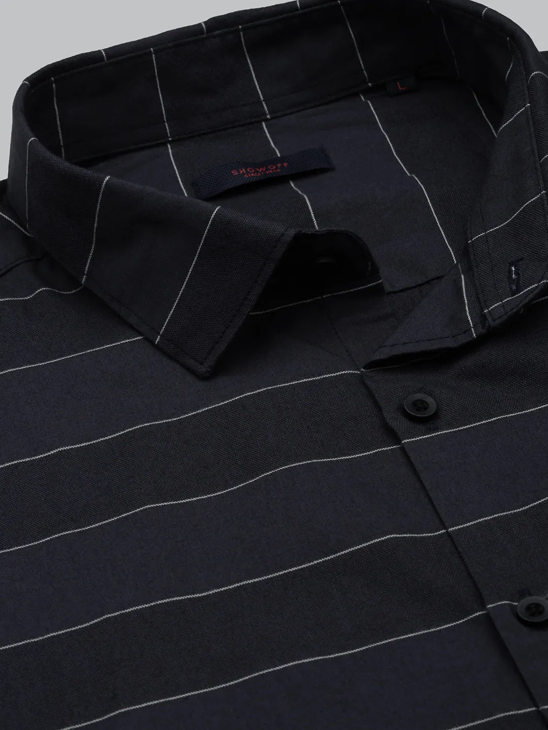 Men Black Striped Cotton Slim Fit Shirt