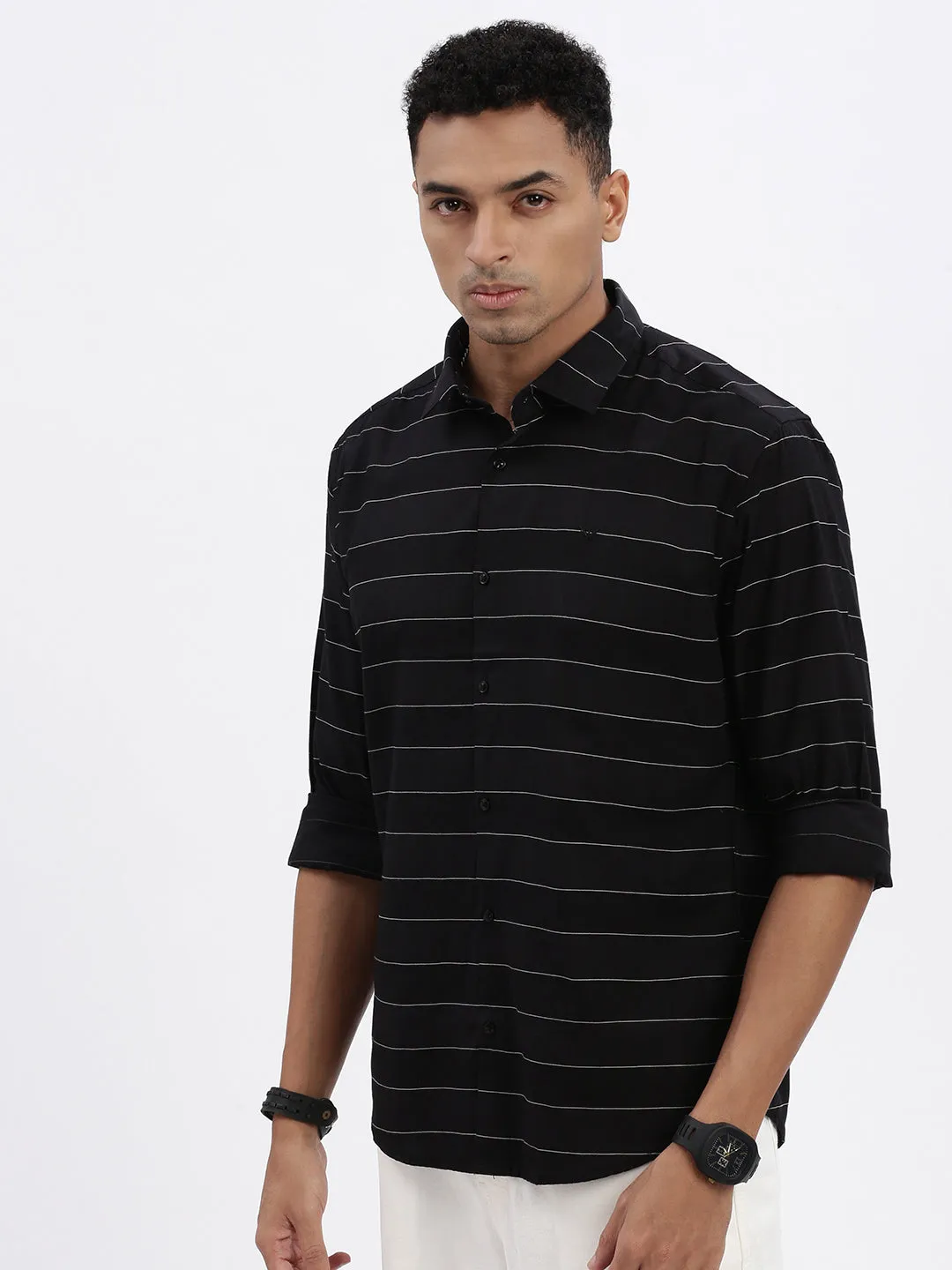 Men Black Striped Cotton Slim Fit Shirt