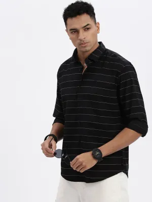 Men Black Striped Cotton Slim Fit Shirt