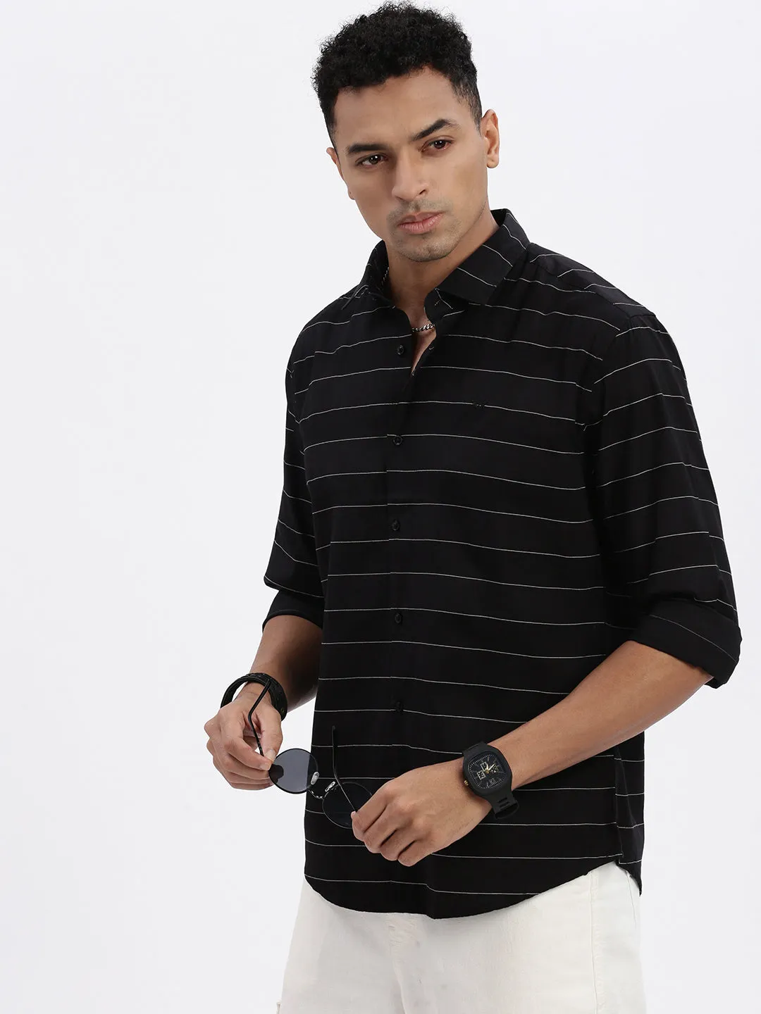 Men Black Striped Cotton Slim Fit Shirt
