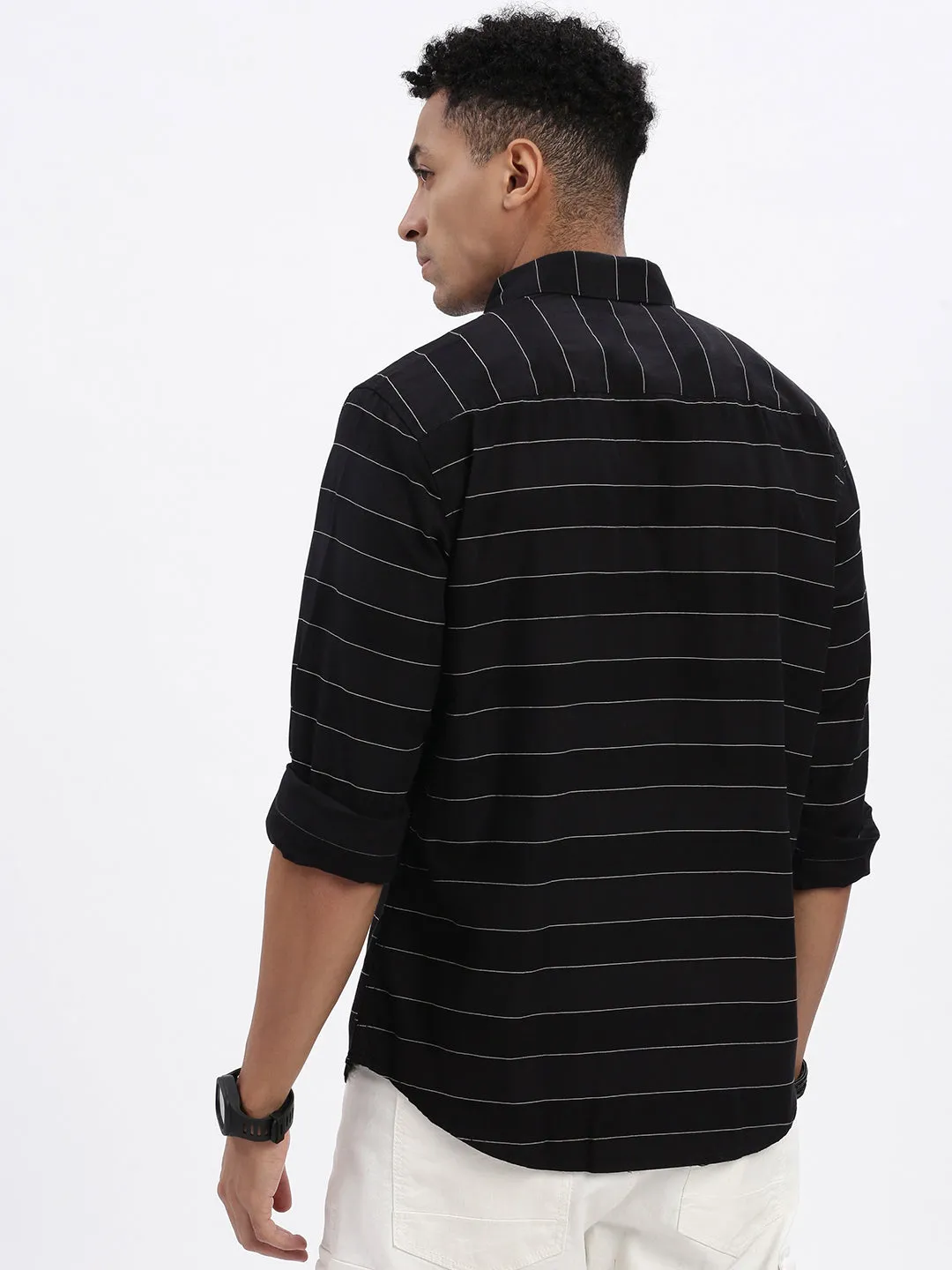 Men Black Striped Cotton Slim Fit Shirt