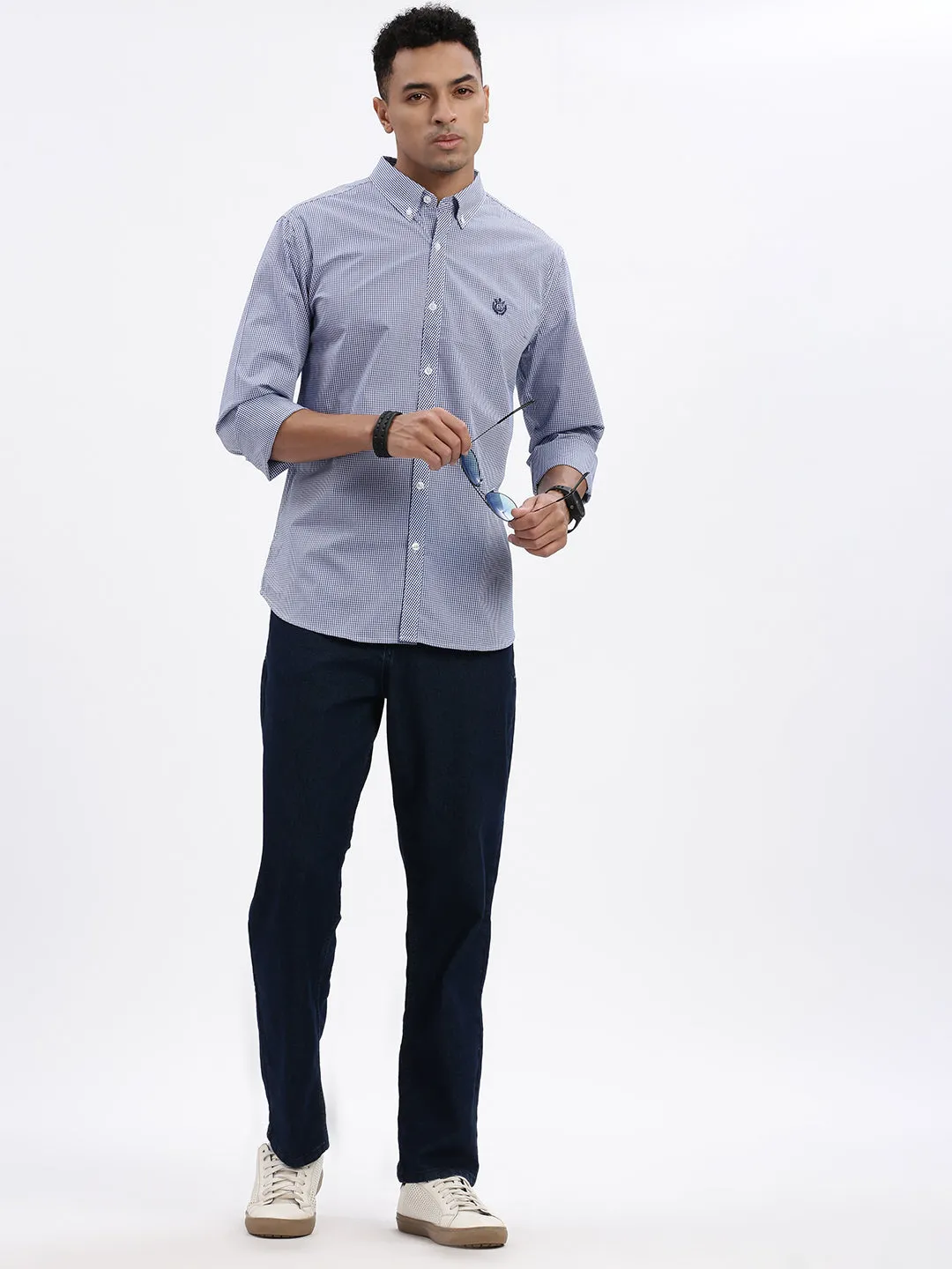 Men Blue Micro Checked Slim Fit Shirt