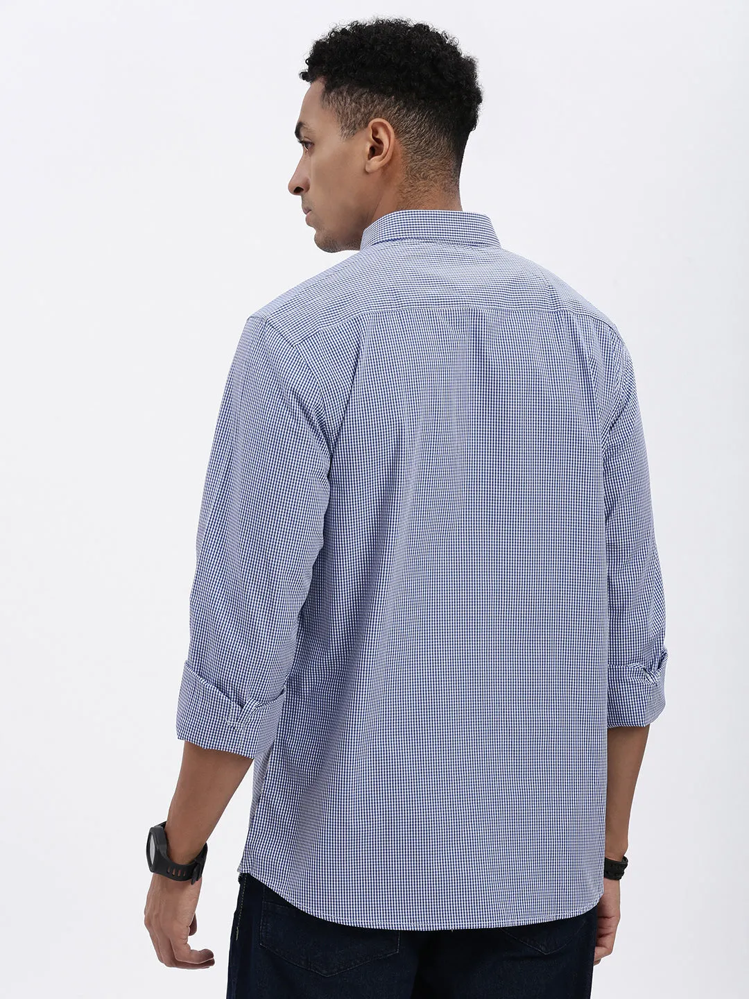 Men Blue Micro Checked Slim Fit Shirt