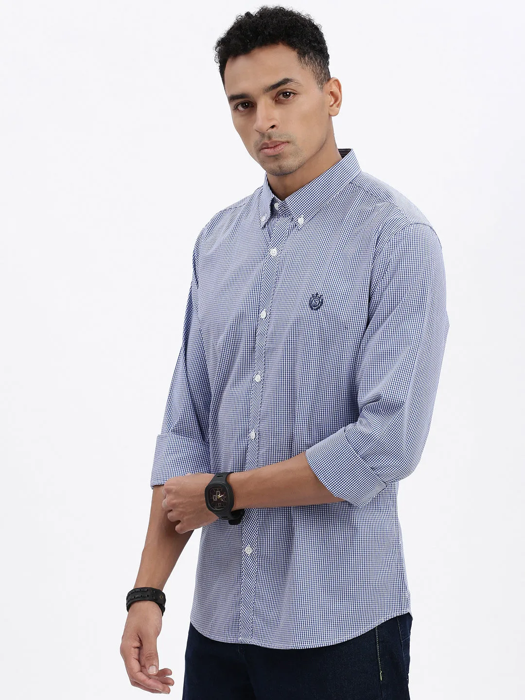 Men Blue Micro Checked Slim Fit Shirt