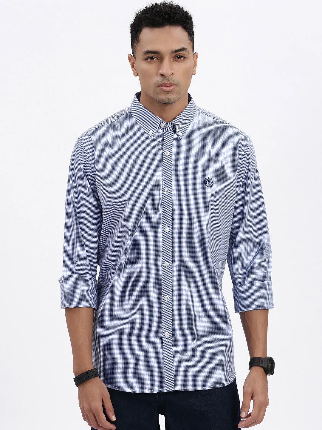 Men Blue Micro Checked Slim Fit Shirt