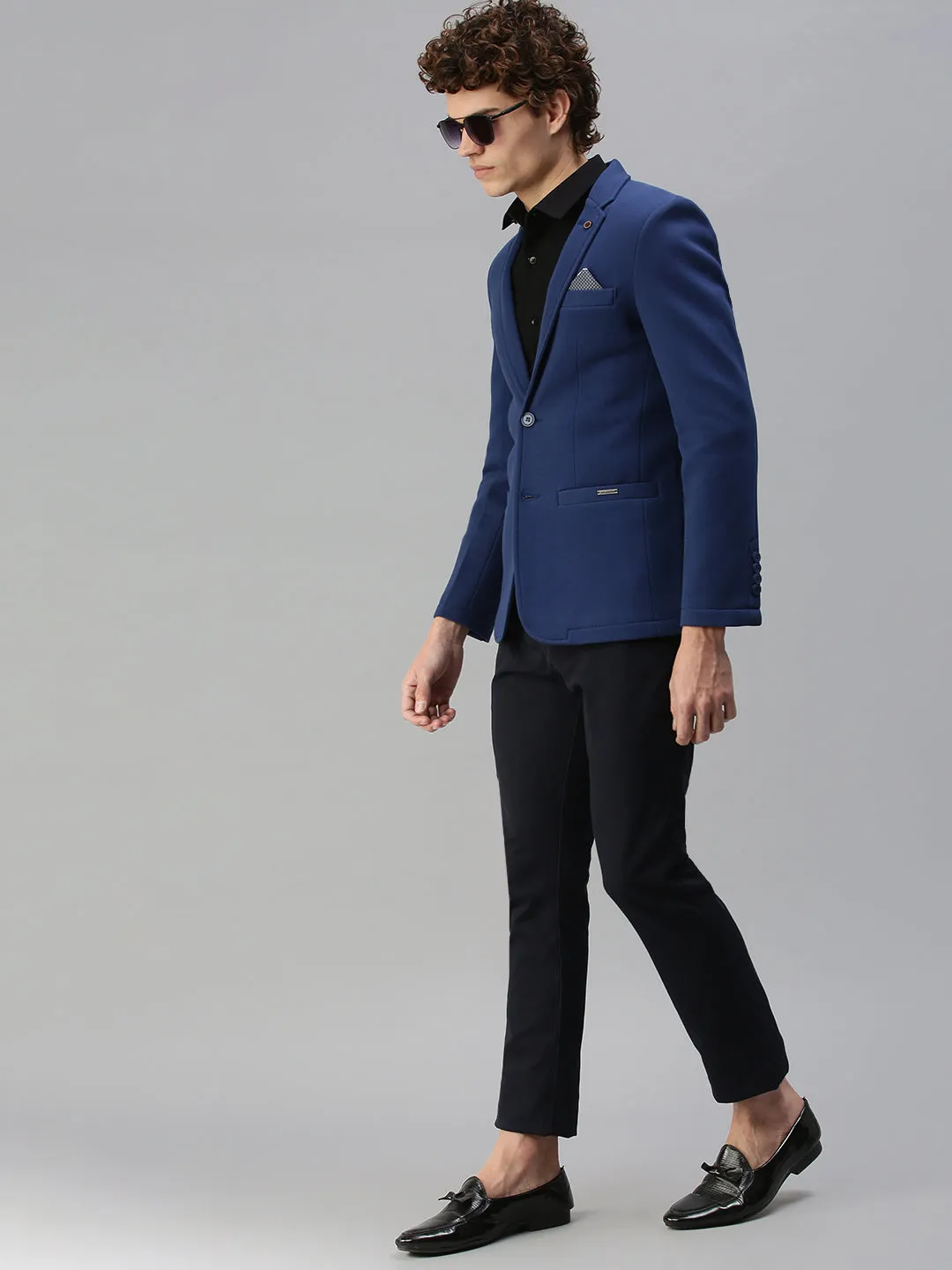 Men Blue Solid Single-Breasted Slim-Fit Blazer