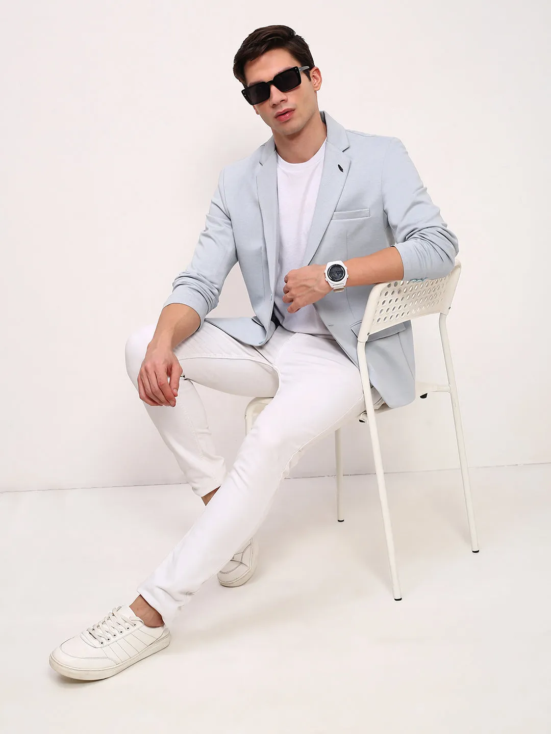 Men Blue Solid Slim-Fit Single Breasted Blazer