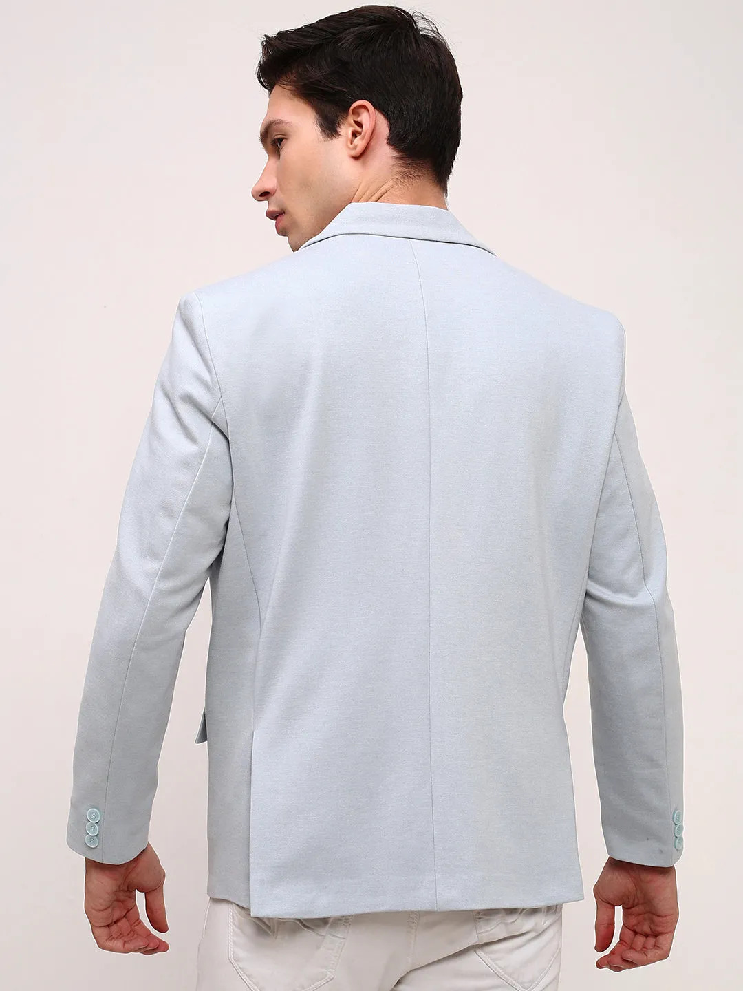 Men Blue Solid Slim-Fit Single Breasted Blazer