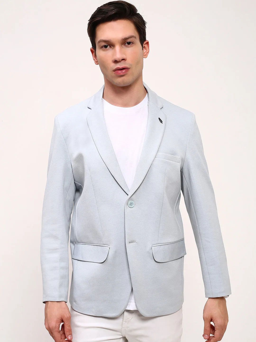 Men Blue Solid Slim-Fit Single Breasted Blazer