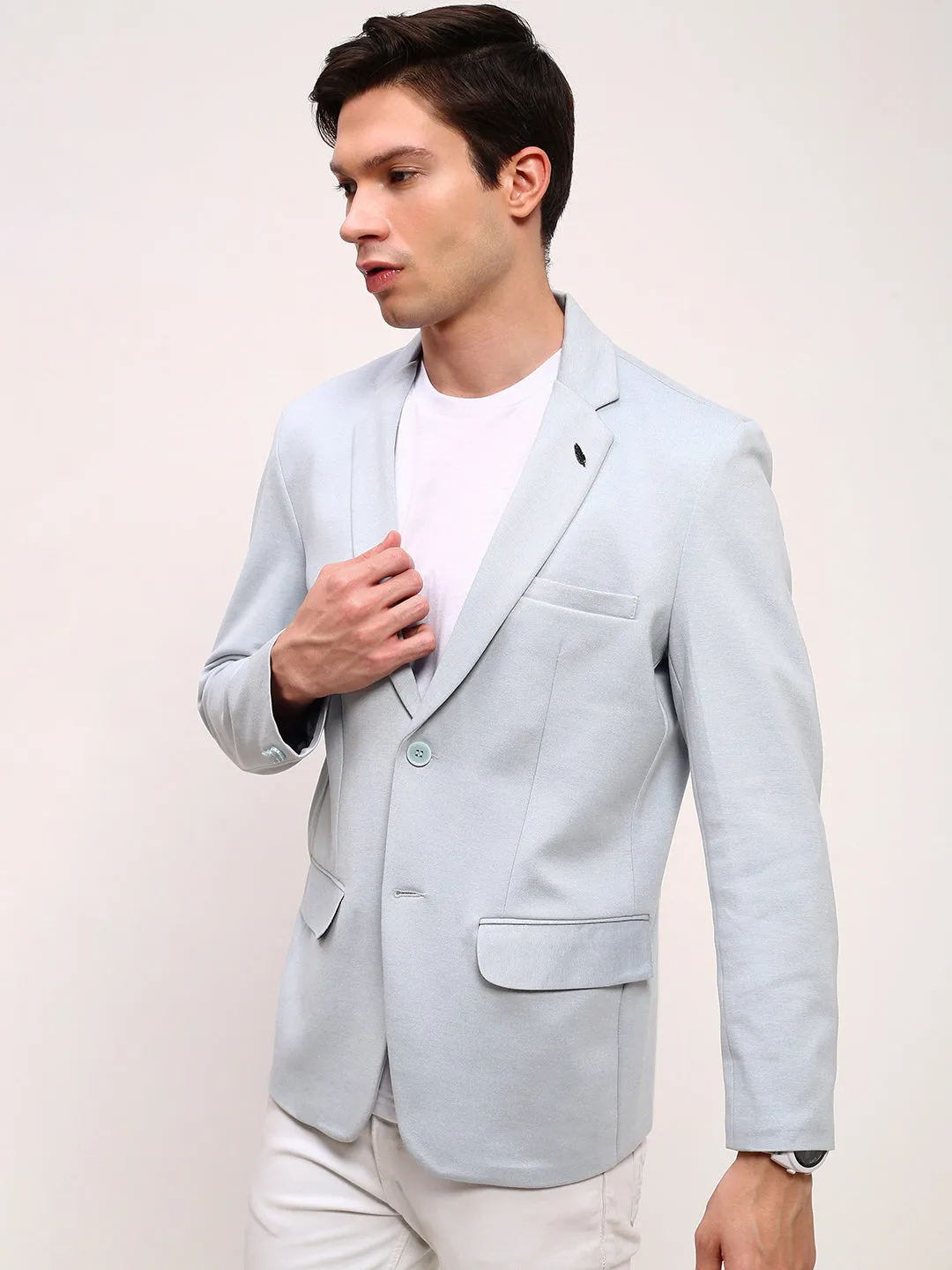 Men Blue Solid Slim-Fit Single Breasted Blazer