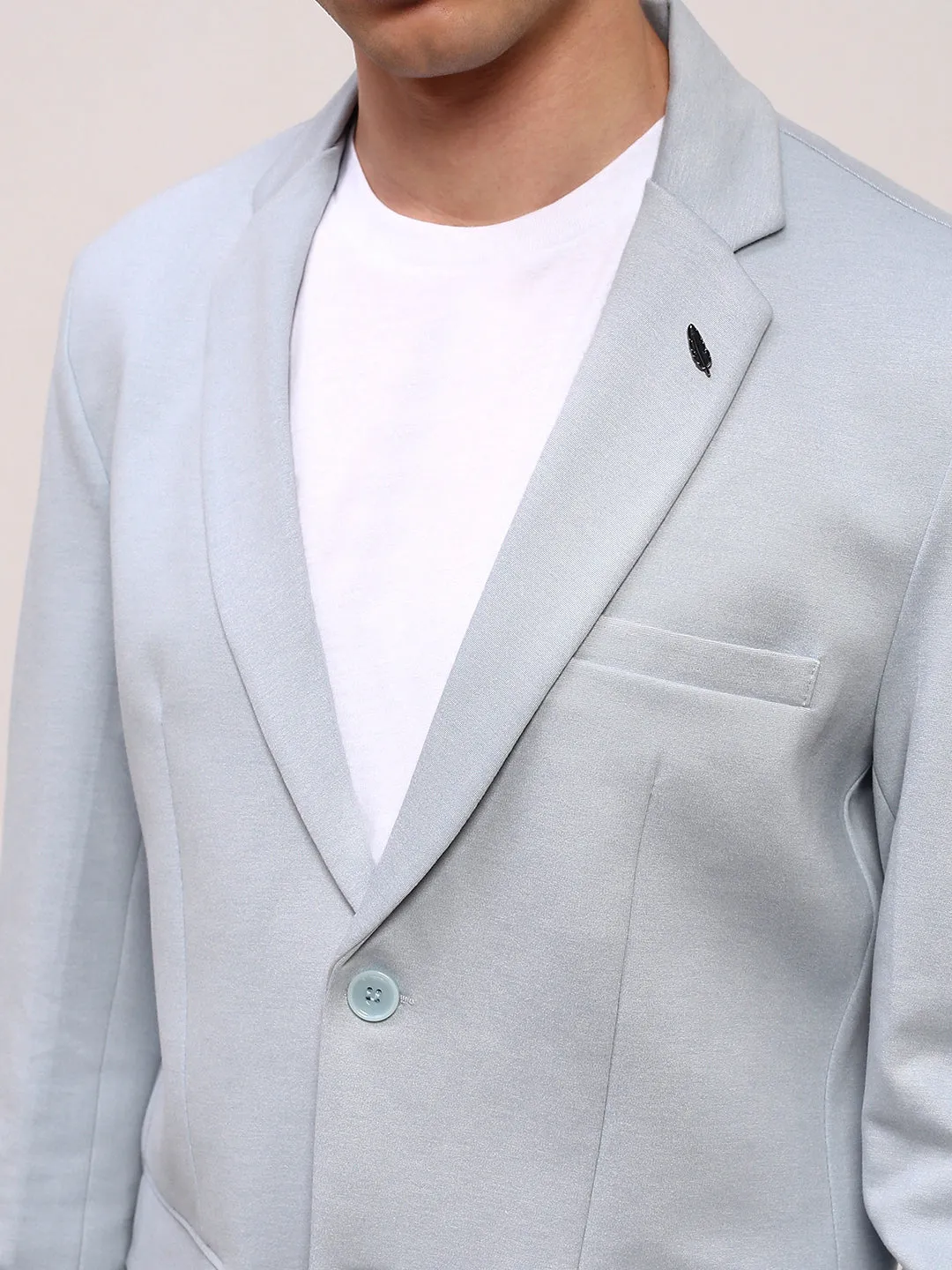 Men Blue Solid Slim-Fit Single Breasted Blazer