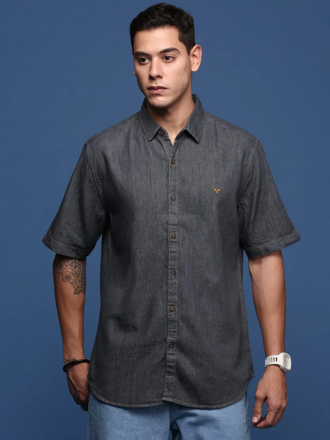 Men Charcoal Standard Slim Fit Opaque Casual Shirt