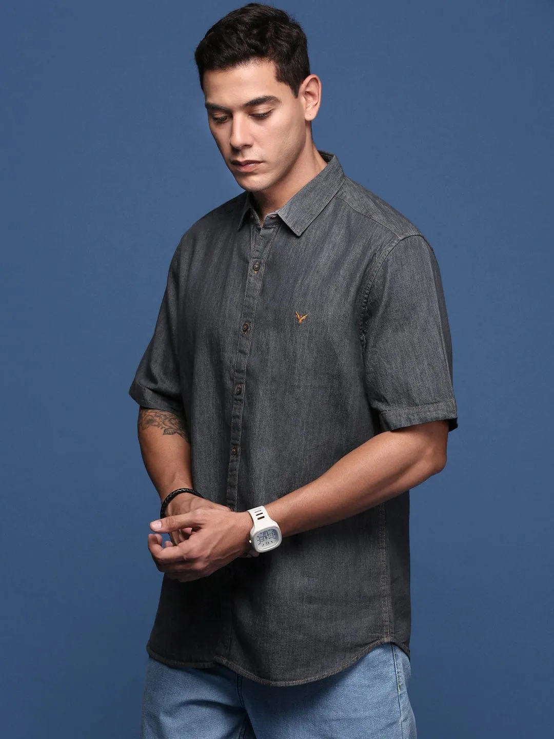 Men Charcoal Standard Slim Fit Opaque Casual Shirt