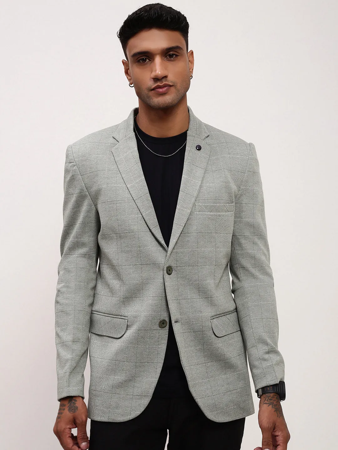 Men Grey Checked Single Breasted Slim-Fit Blazer