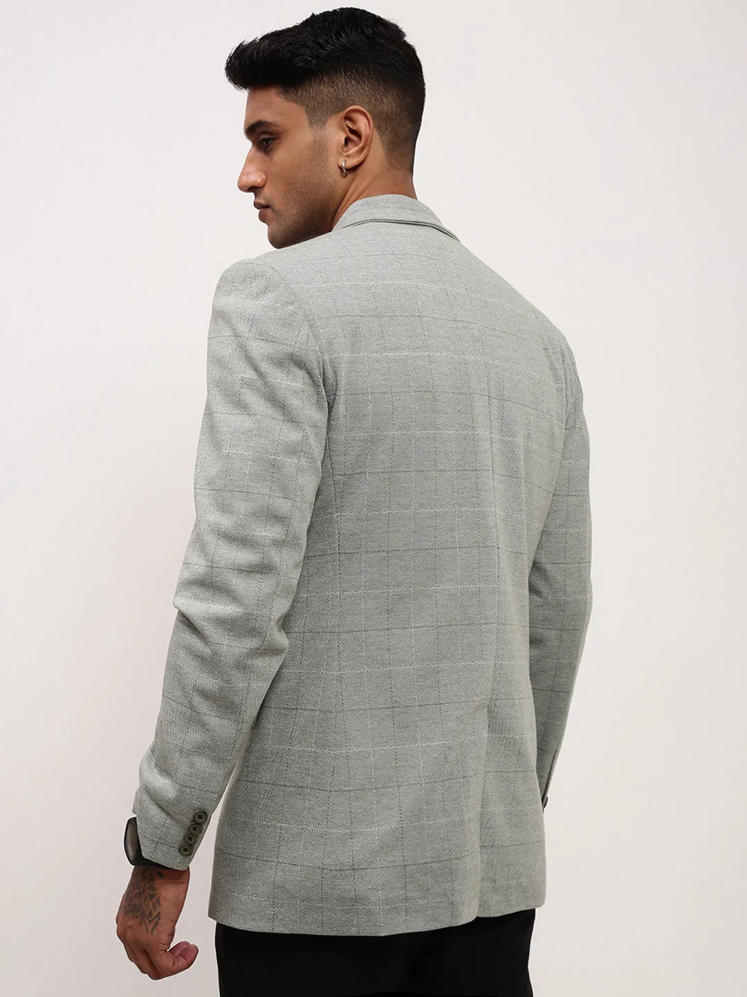 Men Grey Checked Single Breasted Slim-Fit Blazer