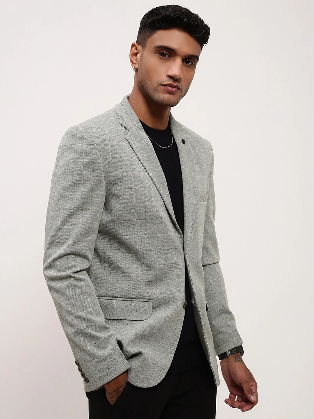 Men Grey Checked Single Breasted Slim-Fit Blazer