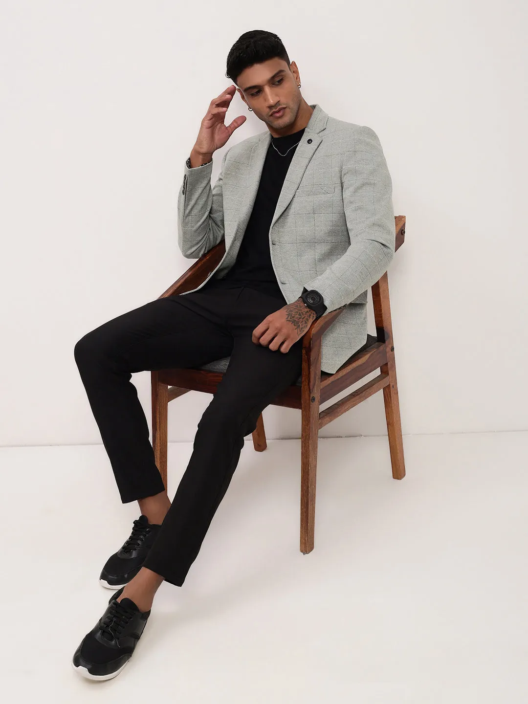 Men Grey Checked Single Breasted Slim-Fit Blazer