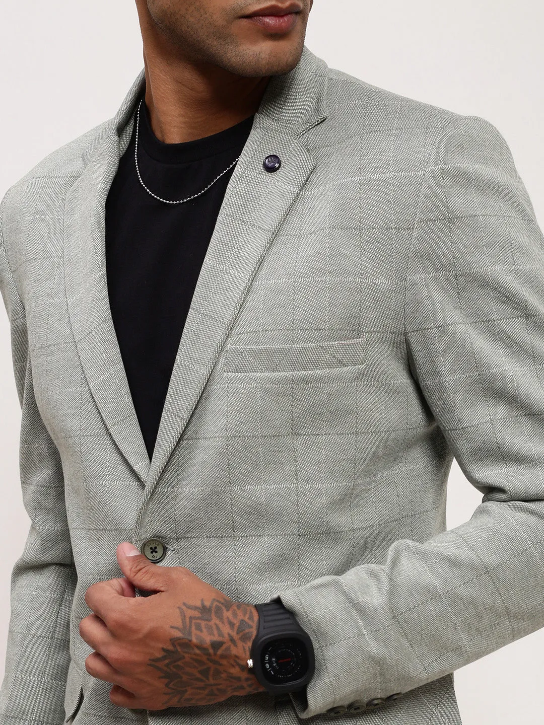 Men Grey Checked Single Breasted Slim-Fit Blazer