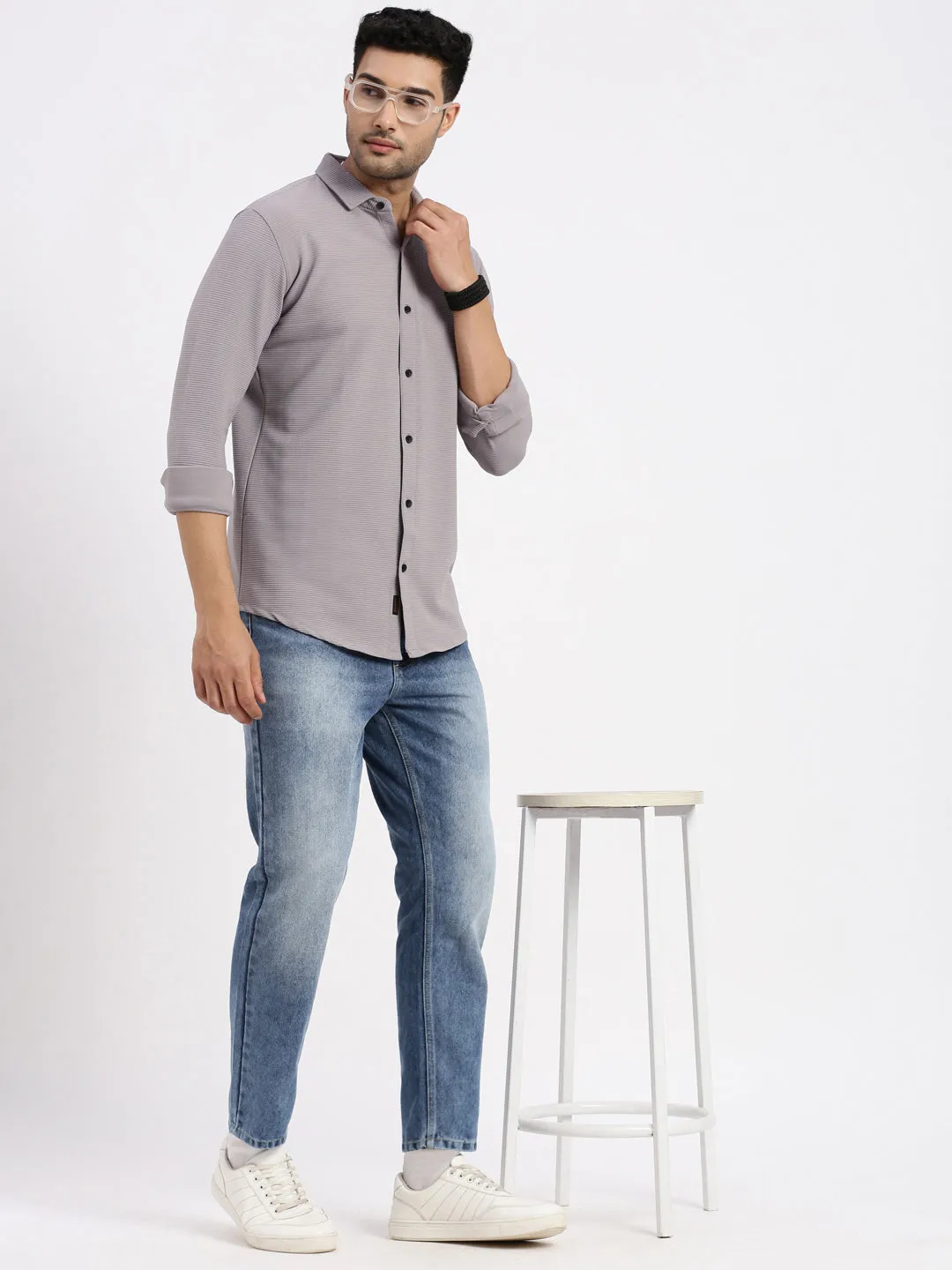 Men Grey Solid Casual Slim Fit Shirt