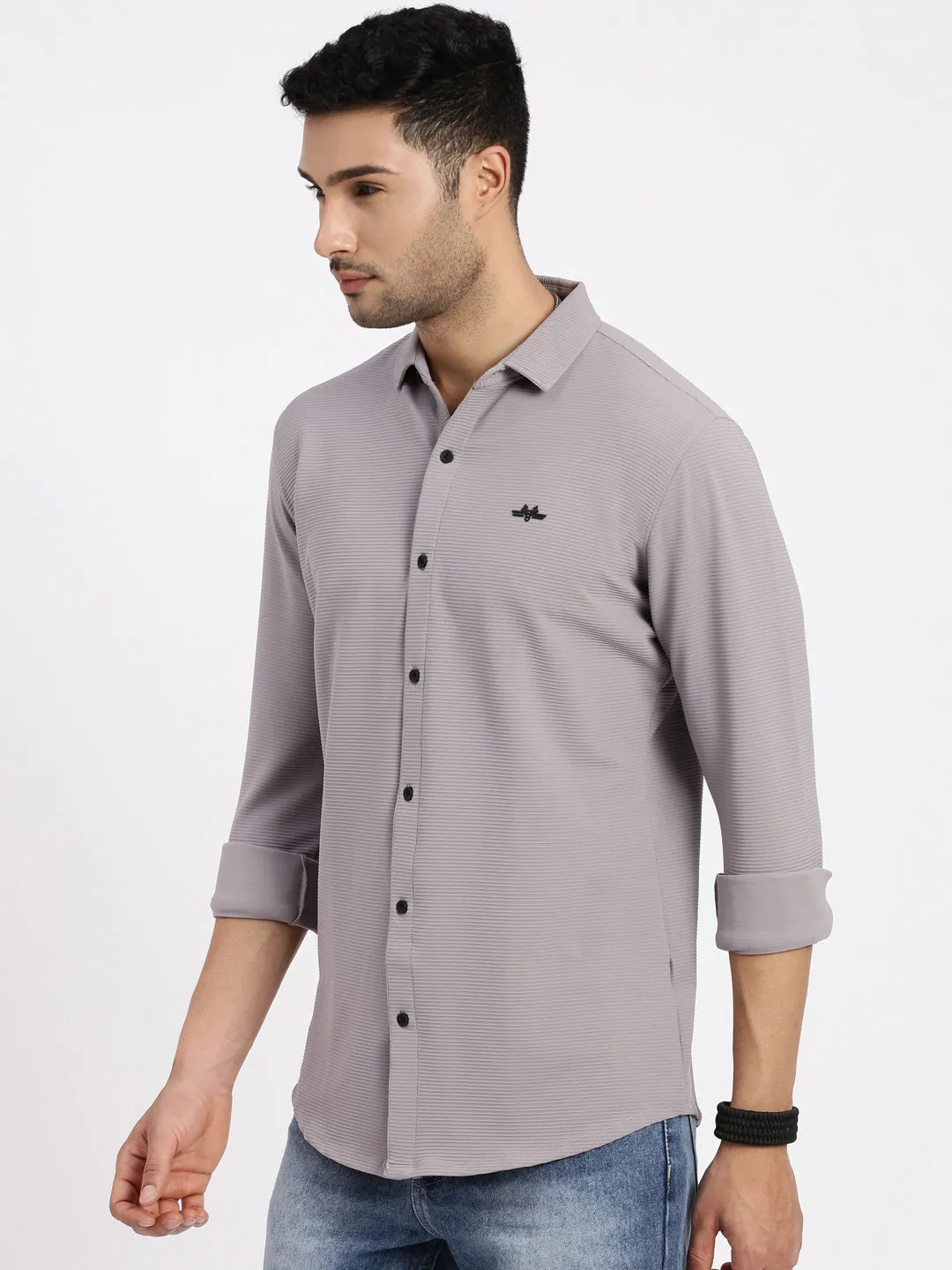 Men Grey Solid Casual Slim Fit Shirt