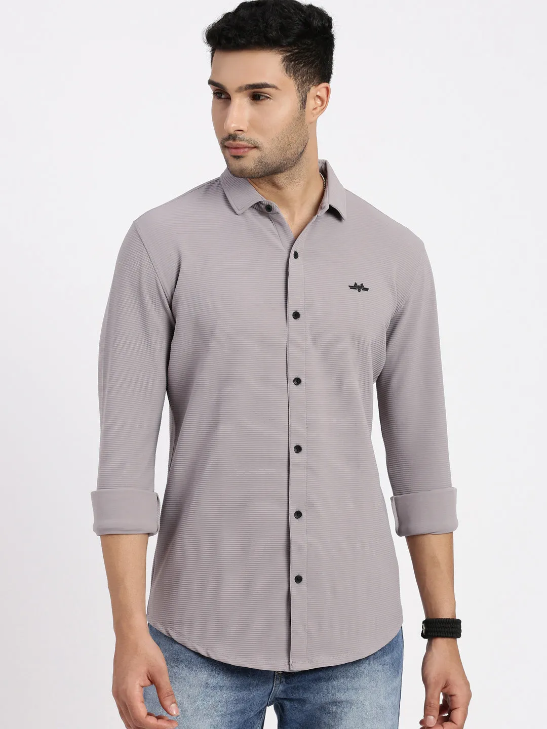 Men Grey Solid Casual Slim Fit Shirt